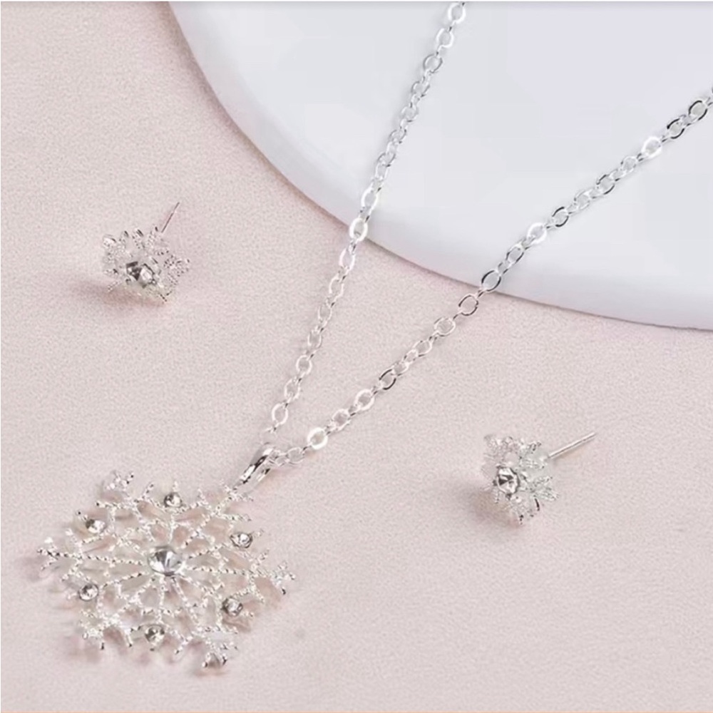 Earrings & Necklace Set Snowflake Dangle Pierced -Christmas, Holiday, Festive